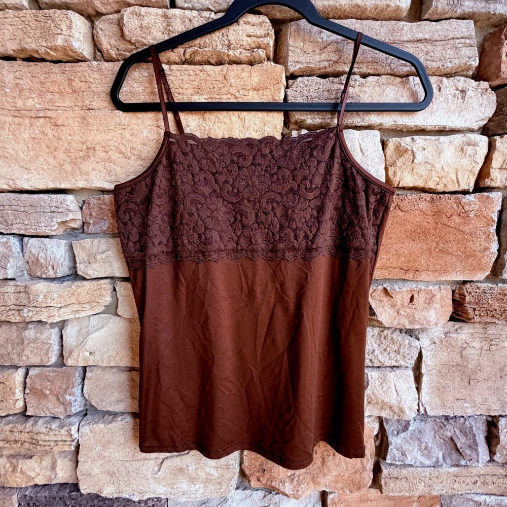 Vintage Y2K Boutique Essentials Medium Women Brown Lace Trim Camisole Tank Top